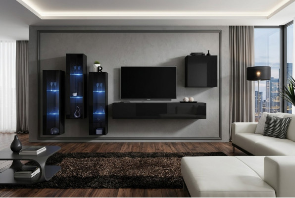 Schwarz Wohnwand Wohnzimmer Set Vitrine Schrank Wandregal 5tlg. Einrichtung