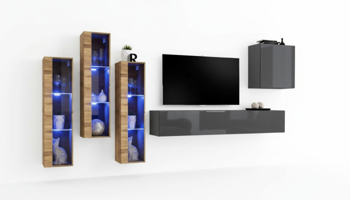 Luxus Wohnwand Grau Hochglanz TV Ständer Designer Sideboard Wohnzimmer Set