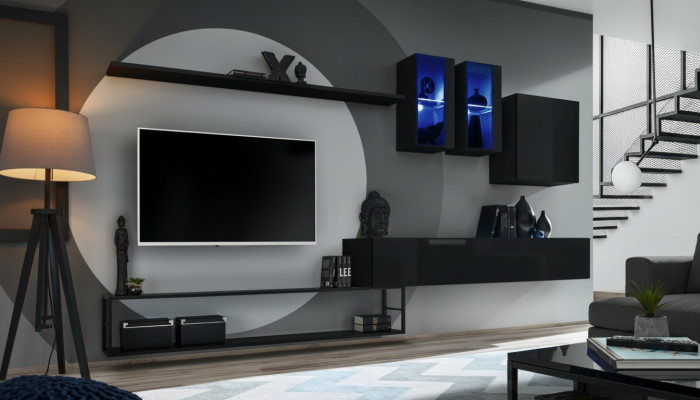 Designer Wohnwand Schwarz Modern Luxus TV Ständer Holzmöbel Einrichtung Garnitur