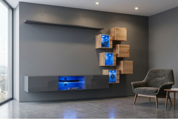 Set 8tlg Designer Wohnwand Grau Einrichtung Holzmöbel Wandschrank Neu