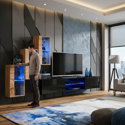 Wohnzimmermöbel Neu Wohnwand 210 cm 3x Wandschrank Einrichtung Luxus Wand Regale