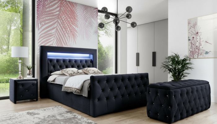 Schwarzes Chesterfield LED-Textilbett 2x Holz Nachttische Hocker 4tlg