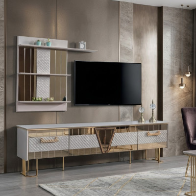 Modern Design Grau Wohnwand Holz Wand Regale Komplett TV-Ständer Möbel
