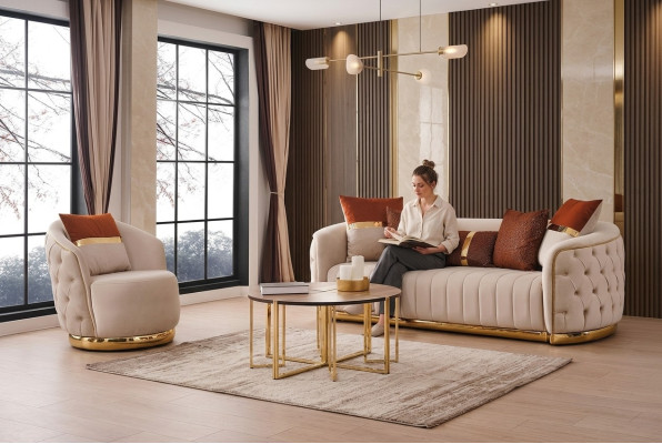 Set 2 tlg Wohnzimmer Sofagarnitur Dreisitzer Sofa Couch Modern Sessel Textil