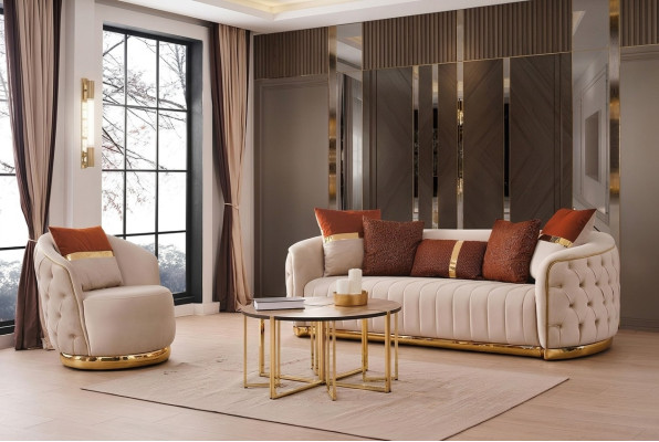 Set 2 tlg Wohnzimmer Sofagarnitur Dreisitzer Sofa Couch Modern Sessel Textil