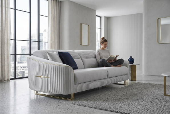 Sofa 3 Sitzer Polstersofa weiß Textil Sitz Design Couch Modern Neu