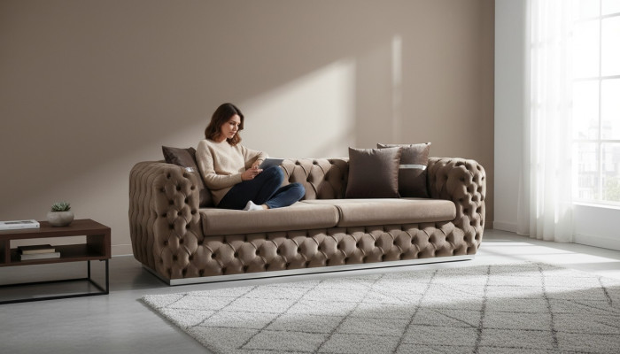 Sofa 3 Sitzer Polstersofa Braun Textil Sitz Design Couch Modern Chesterfield