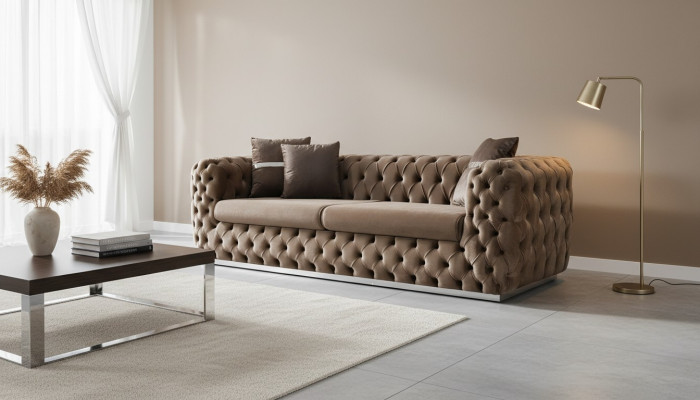 Sofa 3 Sitzer Polstersofa Braun Textil Sitz Design Couch Modern Chesterfield