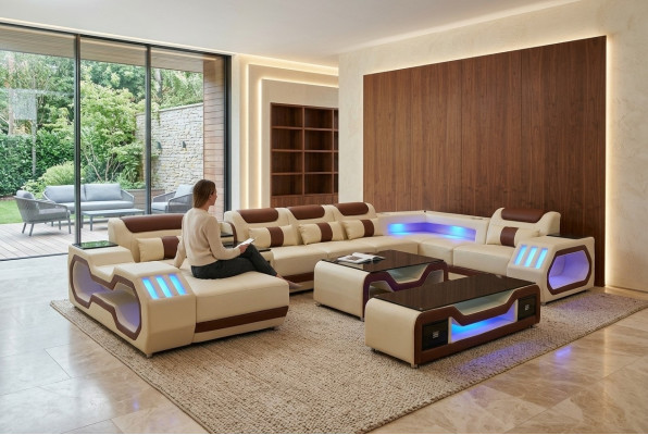 Wohnzimmer set Ecksofa U-Form beige Couchtisch TV Ständer Polster Beleuchtet