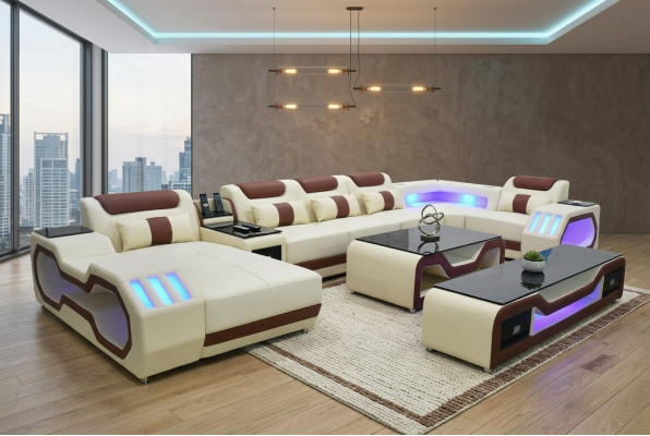 Wohnzimmer set Ecksofa U-Form beige Couchtisch TV Ständer Polster Beleuchtet