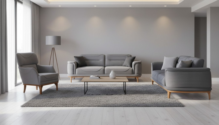 Luxuriöse Polstergarnitur in Grau: Zwei Dreisitzer-Sofas & Sessel Neu