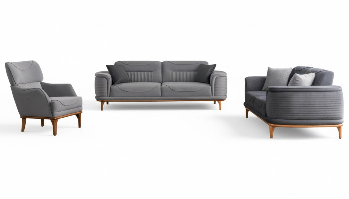 Luxuriöse Polstergarnitur in Grau: Zwei Dreisitzer-Sofas & Sessel Neu