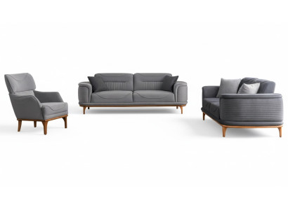 Luxuriöse Polstergarnitur in Grau: Zwei Dreisitzer-Sofas & Sessel Neu