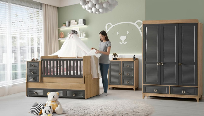 Stilvoll Kinderzimmermöbel Kinderzimmer Kinderbett Grau Holz Set 4tlg
