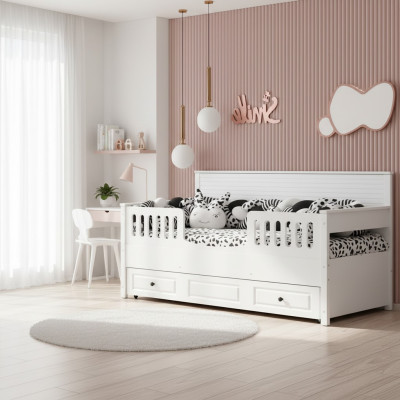 Bett Kinderbett Holzbett Funktionsbett Ausziehbares Holz Weiß Neu