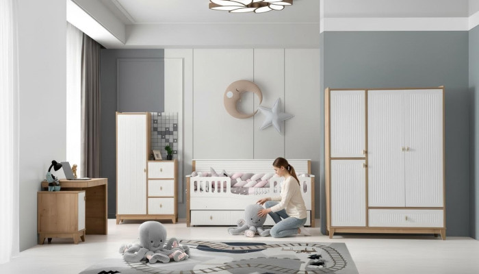 Stilvoll Kinderzimmer Set Bett 2x Kleiderschrank Schreibtisch Weiß 5tlg