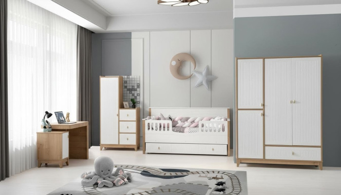 Stilvoll Kinderzimmer Set Bett 2x Kleiderschrank Schreibtisch Weiß 5tlg