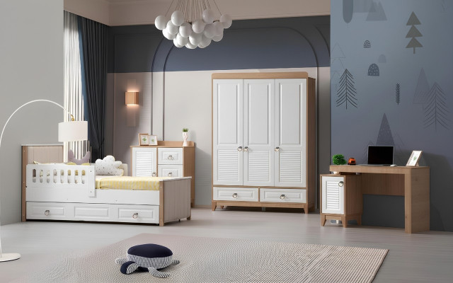 Luxuriös Kinderzimmer Set Besteht aus Bett Schrank Kommode Tisch 4tlg.