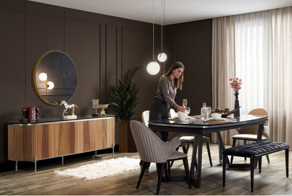 Stilvoll 8tlg.Esszimmer Set Esstisch 4x Stühle Anrichte Spiegel Bank neu
