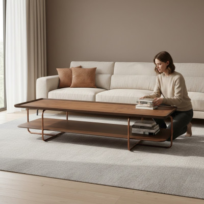 Brauner Wohnzimmer Holz Couchtisch Edelstahlfüße Eleganter Sofatisch