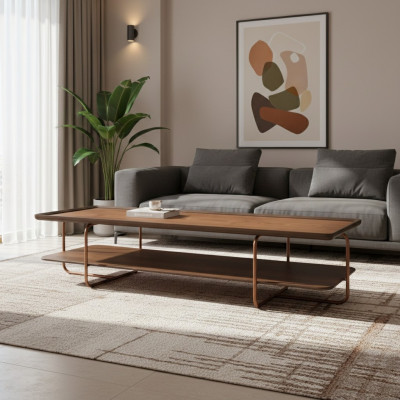 Brauner Wohnzimmer Holz Couchtisch Edelstahlfüße Eleganter Sofatisch
