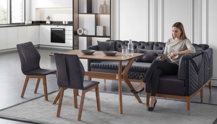 Schwarz-Braunes Esszimmer Set Chesterfield Eckbank Designer Esstisch