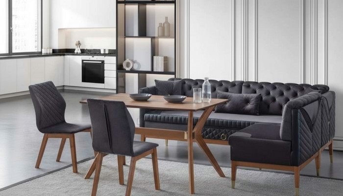 Schwarz-Braunes Esszimmer Set Chesterfield Eckbank Designer Esstisch