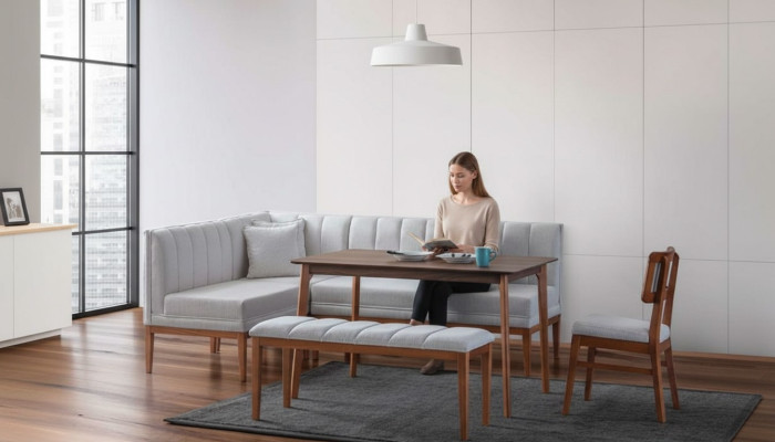 Weiß-Braune Esszimmer Garnitur Stilvoller Holztisch Polster Eckbank Neu