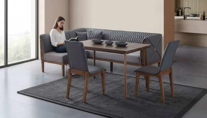 Stilvolle Graue Esszimmer Garnitur Brauner Esstisch 2x Sitzstühle Bank