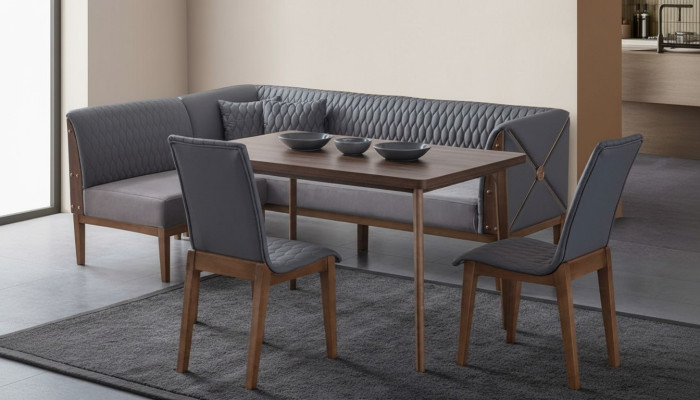 Stilvolle Graue Esszimmer Garnitur Brauner Esstisch 2x Sitzstühle Bank