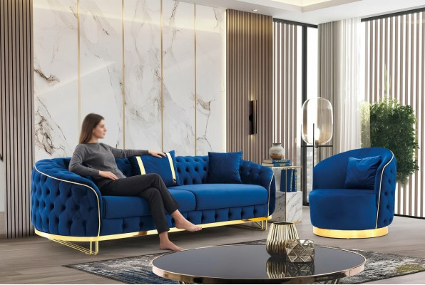 Designer Blau Farbe Wohnzimmer Set aus 3-Sitzer Sofa und Sessel 2tlg.