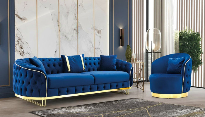 Designer Blau Farbe Wohnzimmer Set aus 3-Sitzer Sofa und Sessel 2tlg.
