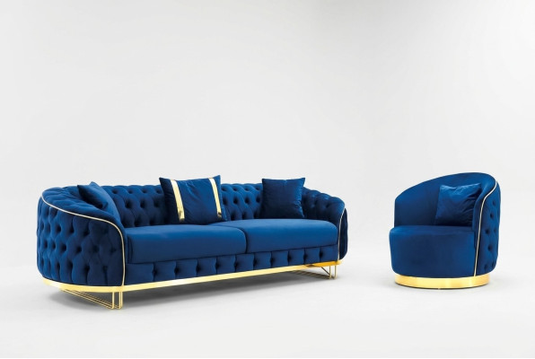 Designer Blau Farbe Wohnzimmer Set aus 3-Sitzer Sofa und Sessel 2tlg.