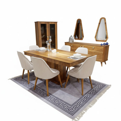 Exklusive Hellbraue Esszimmer Garnitur Holz Esstisch 6x Stühle Anrichte