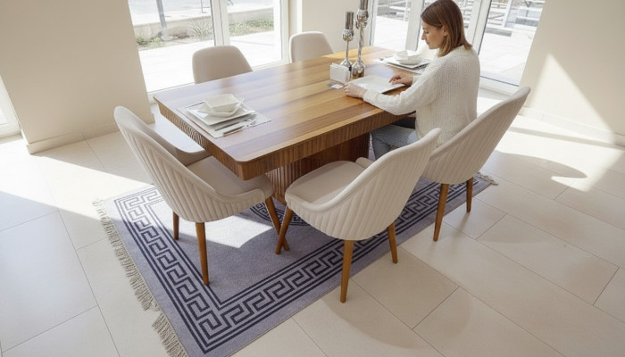 Hellbrauner Holztisch Designer Esszimmer Möbel 6x Weiße Polsterstühle