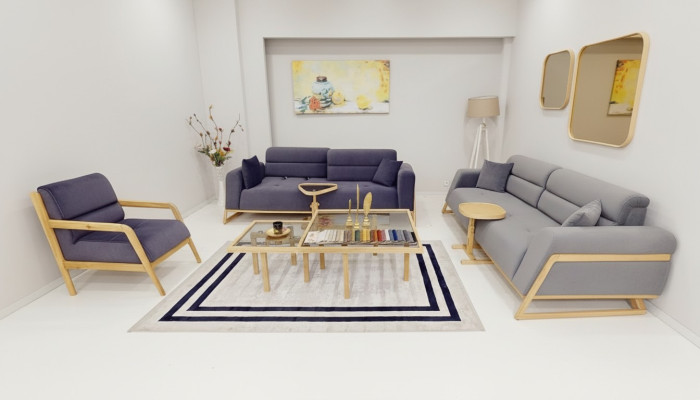 Blau-Graue Sitzgarnitur Moderne Couchen Designer 3-Sitzer Luxus Sessel