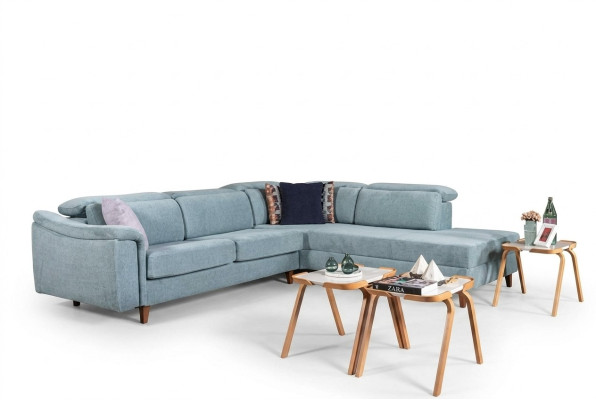  Blaues Ecksofa L-Form Wohnzimmer Polster Couchen Designer Holzgestell
