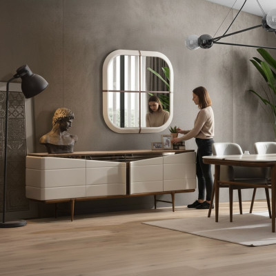 Esszimmer Set Beige Anrichte Rechteckiger Spiegel Luxuriöse Holz Möbel