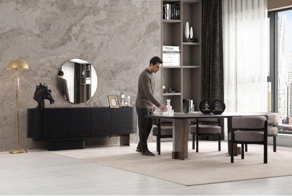 Designer Esszimmer Garnitur Esstisch 6x Stühle Anrichte Spiegel 9tlg