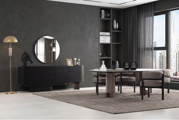 Designer Esszimmer Garnitur Esstisch 6x Stühle Anrichte Spiegel 9tlg