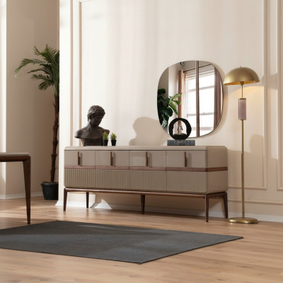 Beige Esszimmer Möbel Luxus Holz Anrichte 4-türig Glas Spiegel 2tlg Set