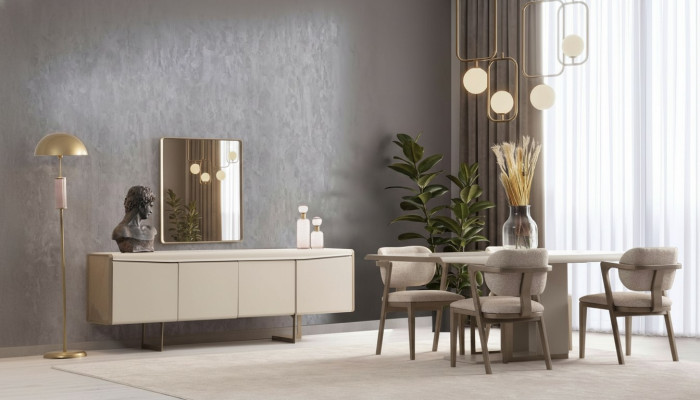 Beige Esszimmergarnitur Designer Esstisch Polsterstühle Luxus Anrichte