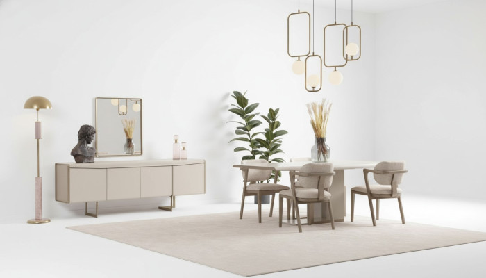 Beige Esszimmergarnitur Designer Esstisch Polsterstühle Luxus Anrichte