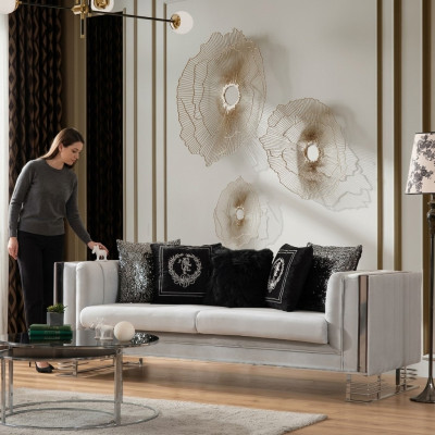 Weißes Modernes Textil Sofa Wohnzimmer 3-Sitzer Luxuriöse Polster Couch