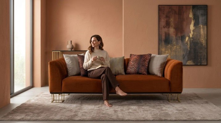 Wohnzimmer Sitzmöbel Oranger 3-Sitzer Luxuriöse Couch Metallfüße