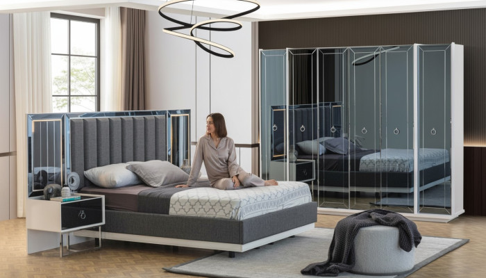 Designer Schlafzimmergarnitur Doppelbetten Nachttisch Kleiderschrank