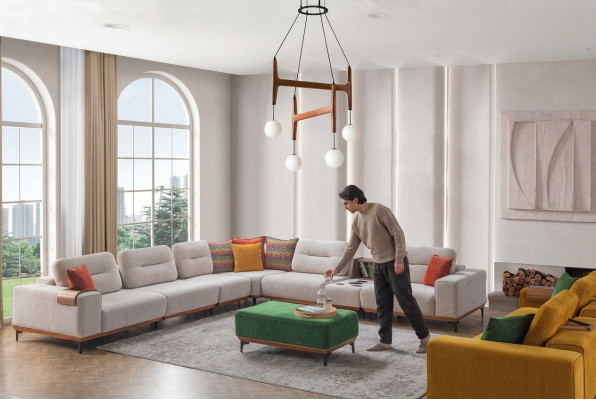Designer Wohnzimmer Ecksofa Luxus L-Form Couch Polster Hocker 2tlg Neu