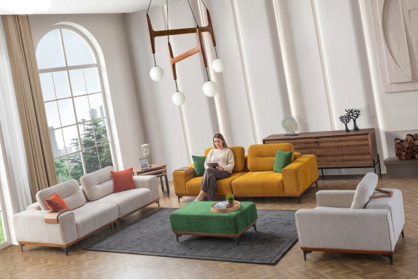 Großes Wohnzimmer Set 3 Textil Sofas Polsterhocker 3x Beistelltische