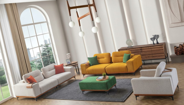 Großes Wohnzimmer Set 3 Textil Sofas Polsterhocker 3x Beistelltische