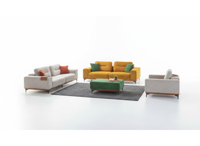 Großes Wohnzimmer Set 3 Textil Sofas Polsterhocker 3x Beistelltische